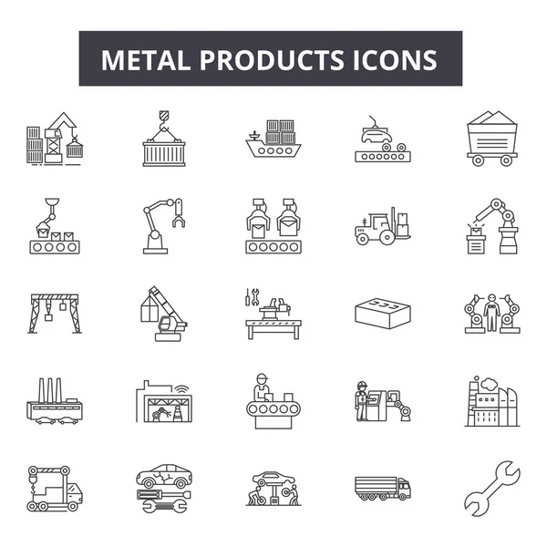 Productos metálicos línea de iconos, signos de conjunto, vector. Concepto de esquema de productos metálicos, ilustración: metal, aislado, producto, industria, hierro, acero — Vector de stock