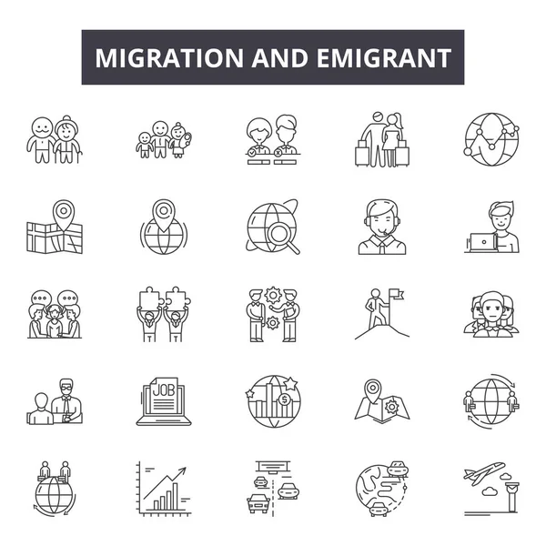 Migração ícones linha emigrante, conjunto de sinais, vetor. Migração conceito esboço emigrante, ilustração: migração, pessoas, imigração, refugiado, fronteira, migrante, viagens, emigração, imigrante —  Vetores de Stock