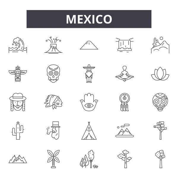 Iconos de línea de México, signos establecidos, vector. México esquema concepto, ilustración: mexico, mexicano, aislado, comida, cultura, gráfico — Archivo Imágenes Vectoriales