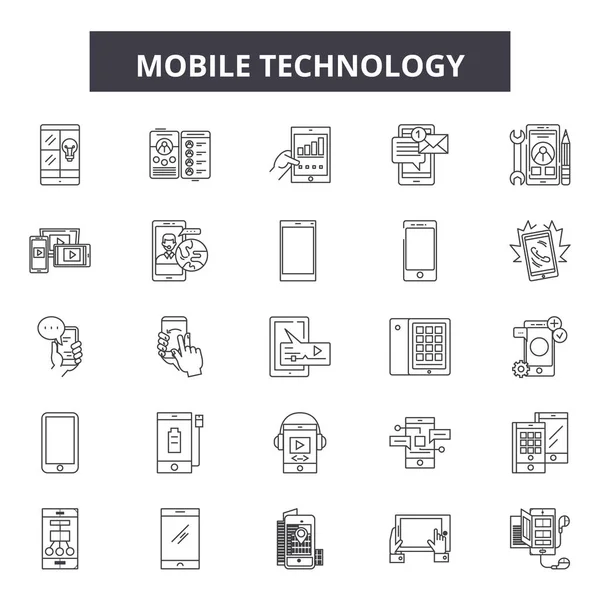 Ikony čar mobilní technologie, nastavení značek, vektor. Koncepce osnovy mobilní technologie, ilustrace: technologie, počítač, mobilní, web, připojení, Internet — Stockový vektor