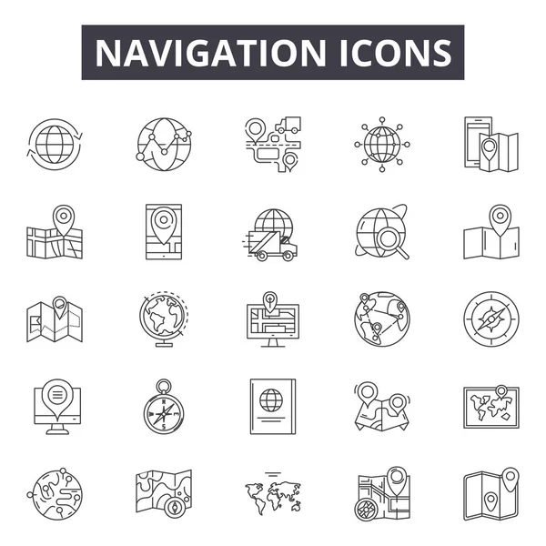 Icônes de ligne de navigation, ensemble de signes, vecteur. Concept de contour de navigation, illustration : flèche, navigation, GPS, route, recherche, voyage — Image vectorielle