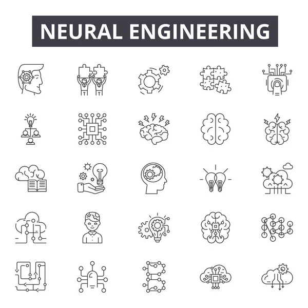 Ikony linii inżynierii neuronowej, znaki zestaw, wektor. Koncepcja inżynierii neuronowej zarys, ilustracja: inżynieria, maszyna, technologia, nauka, neuronowe, cyfrowe, robot, komputer, sztuczne — Wektor stockowy