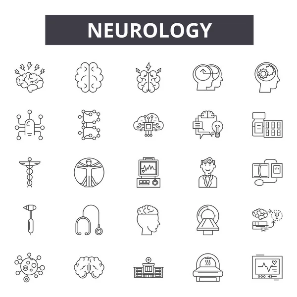 Icônes de la ligne de neurologie, ensemble de signes, vecteur. Concept de contour neurologique, illustration : neurologie, cerveau, humain, esprit, intelligence, idée — Image vectorielle