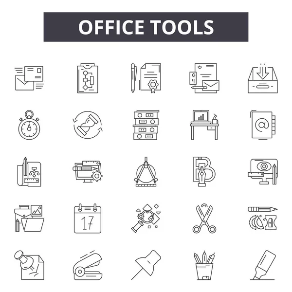 Bürowerkzeuge reihen Symbole, Zeichen, Vektor. Büro-Tools skizzieren Konzept, Illustration: Büro, Geschäft, Stift, Web, Computer — Stockvektor
