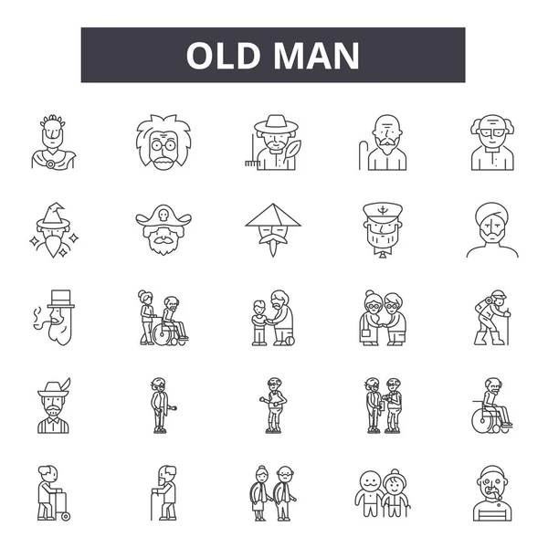 Iconos de línea de hombre viejo, signos establecidos, vector. Hombre viejo esquema concepto, ilustración: hombre, viejo, mayor, persona, mujer — Vector de stock