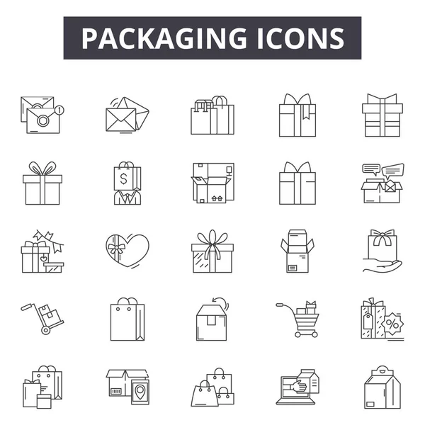 Icone della linea di imballaggio, set di cartelli, vettore. Concetto di imballaggio, illustrazione: pacchetto, scatola, contenitore, spedizione, imballaggio — Vettoriale Stock