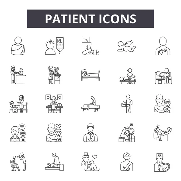 Εικονίδια γραμμών ασθενούς, πινακίδες, διάνυσμα. Έννοια περίγραμμα ασθενούς, απεικόνιση: ασθενής, ιατρικός, φροντίδα, νοσοκομείο, υγεία, γιατρός, ιατρική, νοσοκόμα — Διανυσματικό Αρχείο