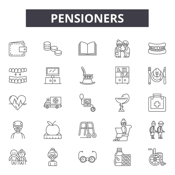 Pensiunan Ikon garis, tanda-tanda ditetapkan, vektor. Para pensiunan menguraikan konsep, ilustrasi: pensiun, pensiun, uang, keuangan, desain - Stok Vektor