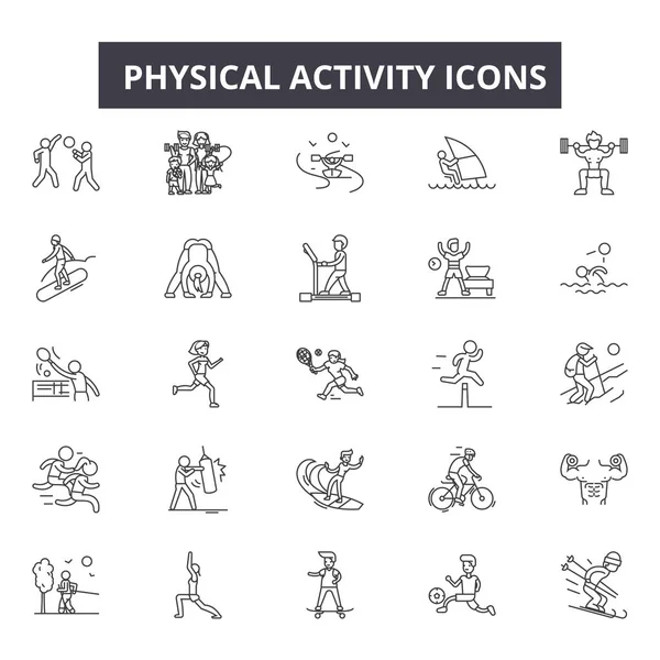 Iconos de línea de actividad física, conjunto de signos, vector. Concepto de esquema de actividad física, ilustración: físico, actividad, ejercicio, deporte, saludable, hombre, salud, entrenamiento — Archivo Imágenes Vectoriales