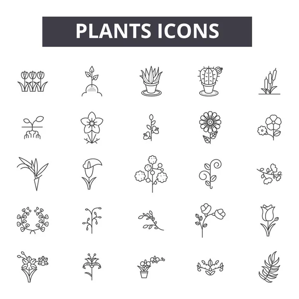 Plantas línea iconos, signos conjunto, vector. Plantas resumen concepto, ilustración: naturaleza, planta, hoja, árbol, crecimiento — Vector de stock