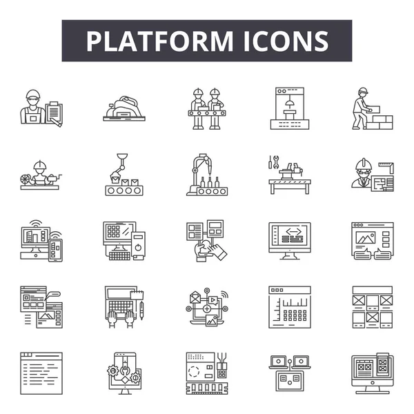 Iconos de línea de plataforma, conjunto de signos, vector. Concepto de esquema de plataforma, ilustración: plataforma, computadora, datos, internet, tecnología, negocios, web — Vector de stock