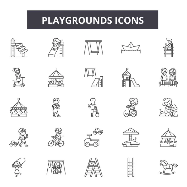 Speeltuinen lijn iconen, borden set, Vector. Speeltuinen omtrek concept, illustratie: speelplaats, pret, Park, glijbaan, spelen, schommel, symbool — Stockvector