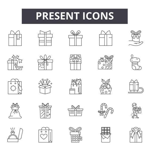 Iconos de línea actual, signos establecidos, vector. Concepto de esquema presente, ilustración: regalo, regalo, cumpleaños, paquete, caja, arco, día de fiesta, celebración — Archivo Imágenes Vectoriales