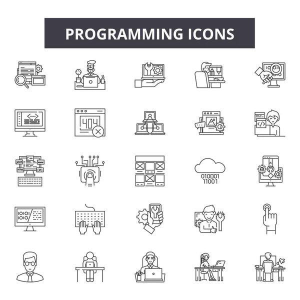 Programmeer lijn iconen, borden set, Vector. Programmering overzicht concept, illustratie: technologie, computer, Internet, Web, programma, programmering, ontwikkeling — Stockvector