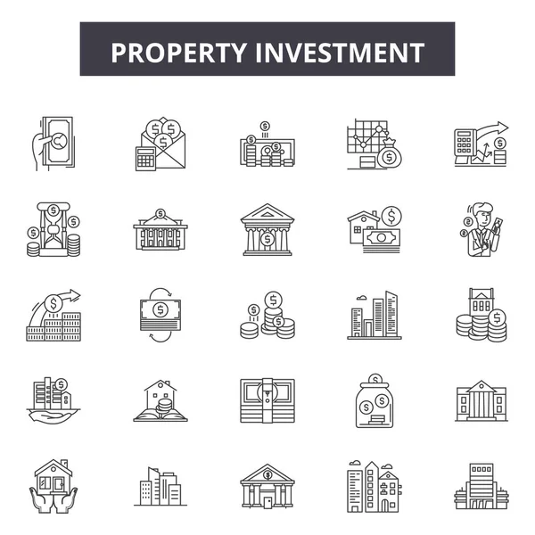 Icônes de ligne d'investissement immobilier, ensemble de signes, vecteur. Plan d'investissement immobilier concept, illustration : propriété, entreprise, investissement, concept, succession, maison — Image vectorielle