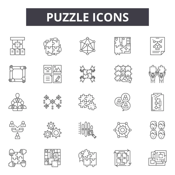 퍼즐 라인 아이콘, 표지판 세트, 벡터. 퍼즐 개요 개념, 일러스트 : 퍼즐, 비즈니스, 아이디어, 요소, 팀워크 — 스톡 벡터