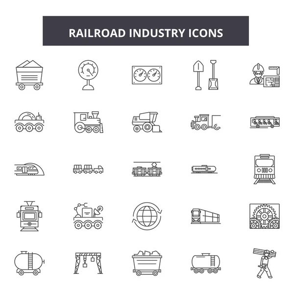 Iconos de línea de la industria ferroviaria, letreros, vector. Industria ferroviaria esquema concepto, ilustración: ferrocarril, transporte, detrain, transporte, industria — Vector de stock