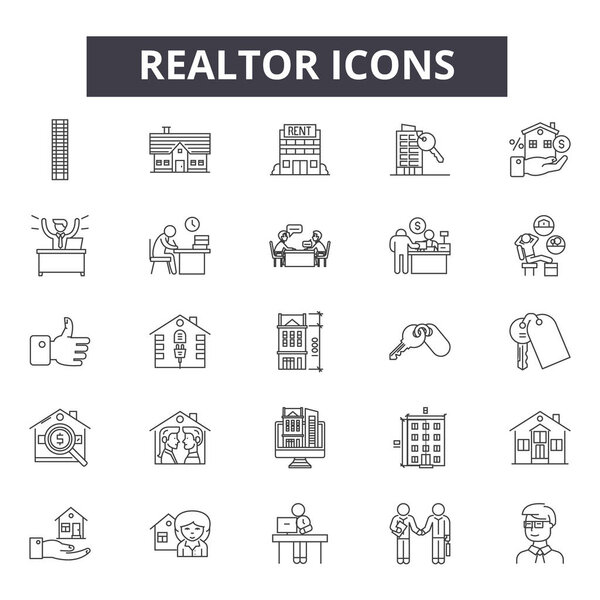 Realtor line icons, signs set, vector. Realtor outline concept, illustration: realtor,home,house,building,apartment,agent,rent,property