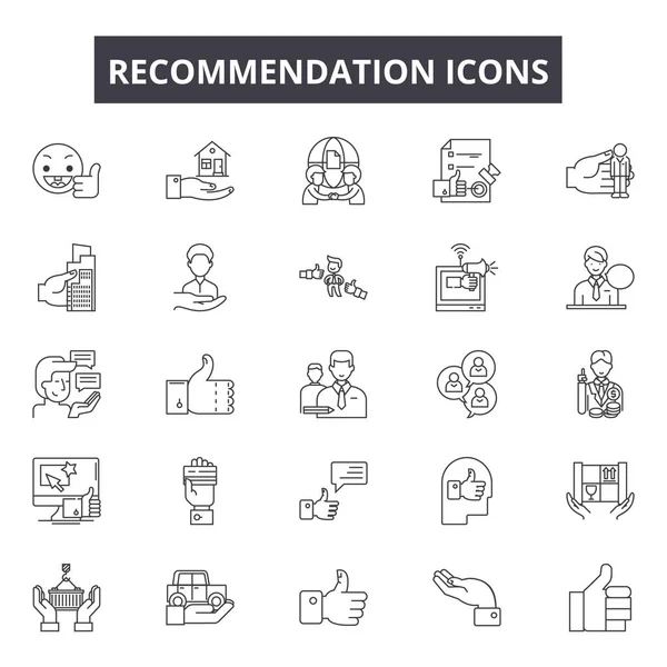 Icone della linea di raccomandazione, set di segni, vettore. Concetto di schema di raccomandazione, illustrazione: pulsante, deweb, feedback, isolato — Vettoriale Stock