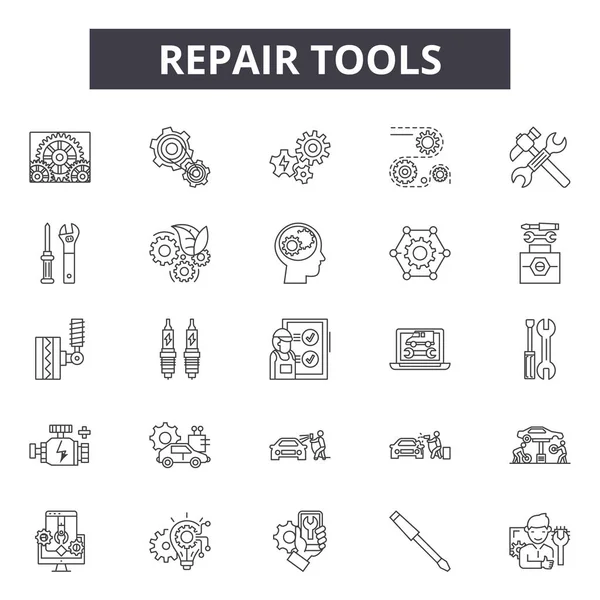 Herramientas de reparación iconos de línea, conjunto de signos, vector. Herramientas de reparación esquema concepto, ilustración: reparación, servicio, trabajo, ajustes, llave inglesa, llave inglesa, web — Vector de stock