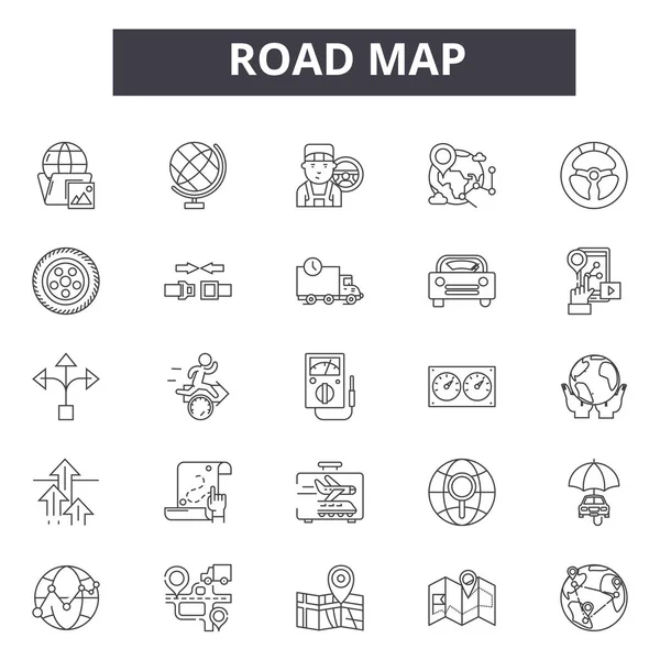 Ikony linii mapy drogowej, znaki ustawione, wektor. Mapa drogowa koncepcja konspektu, ilustracja: droga, mapa, kierunek, podróż, lokalizacja, wskaźnik — Wektor stockowy