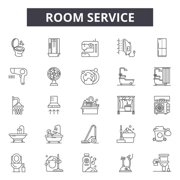 ルームサービスラインのアイコン、標識セット、ベクトル。ルームサービス概要コンセプト、イラスト:サービス、ホテル、部屋、レストラン、旅行、ベッド、食品 — ストックベクタ