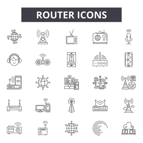 Iconos de línea de enrutador, conjunto de signos, vector. Concepto de esquema de router, ilustración: router, internet, inalámbrico, tecnología, web, red, comunicación — Archivo Imágenes Vectoriales