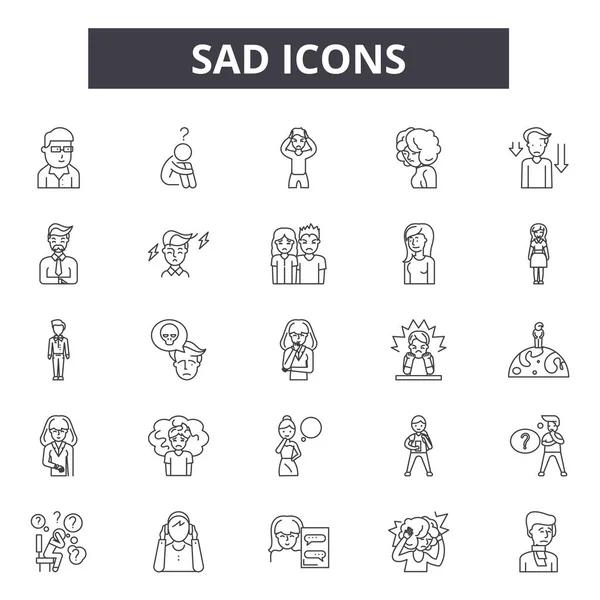 悲しい線のアイコン、記号セット、ベクトル。悲しいアウトラインコンセプト、イラスト:悲しい、幸せ、顔、エモトスマイル、ウェブ、感情 — ストックベクタ