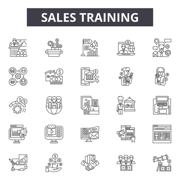 Продаж тренувальної лінії піктограми, набір знаків, вектор. Концепція контурного навчання продажів, ілюстрація: бізнес, навчання, семінар, бізнесмен, менеджмент, продаж, Інтернет, концепція — стоковий вектор