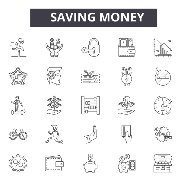 Ahorro de línea de dinero iconos, signos establecidos, vector. Ahorro de concepto de esquema de dinero, ilustración: dinero, moneda, negocio, efectivo, banca, dólar, banco, símbolo — Vector de stock