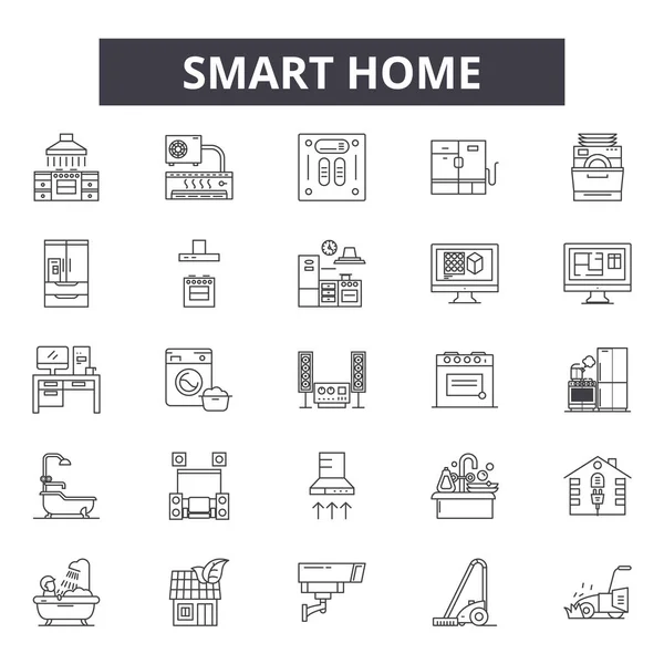 Icônes de ligne de maison intelligente, signes ensemble, vecteur. Concept de contour de maison intelligente, illustration : maison, technologie, maison, intelligente, sécurité, contrôle, internet, énergie, puissance — Image vectorielle