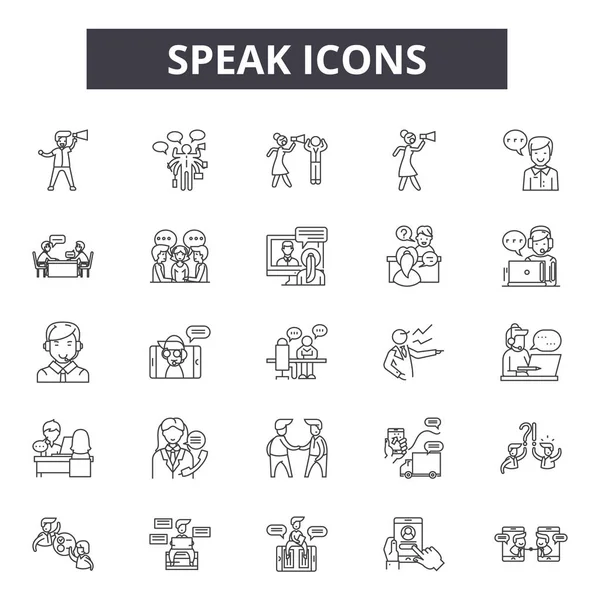 Habla de iconos de línea, signos establecidos, vector. Hablar concepto de esquema, ilustración: hablar, hablar, hablar, charlar, fondo — Archivo Imágenes Vectoriales