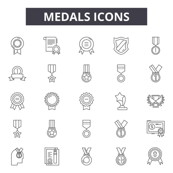 Medals line icons, signs set, vector. Medals outline concept, illustration: medal,achievement,award,first,competition Royalty Free Stock Vectors