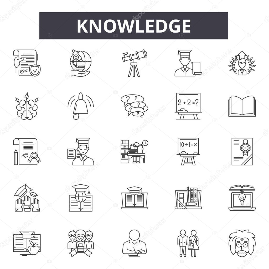 Knowledge line icons, signs set, vector. Knowledge outline concept, illustration: knowledge,idea,deconcept,brain,technology,bulb