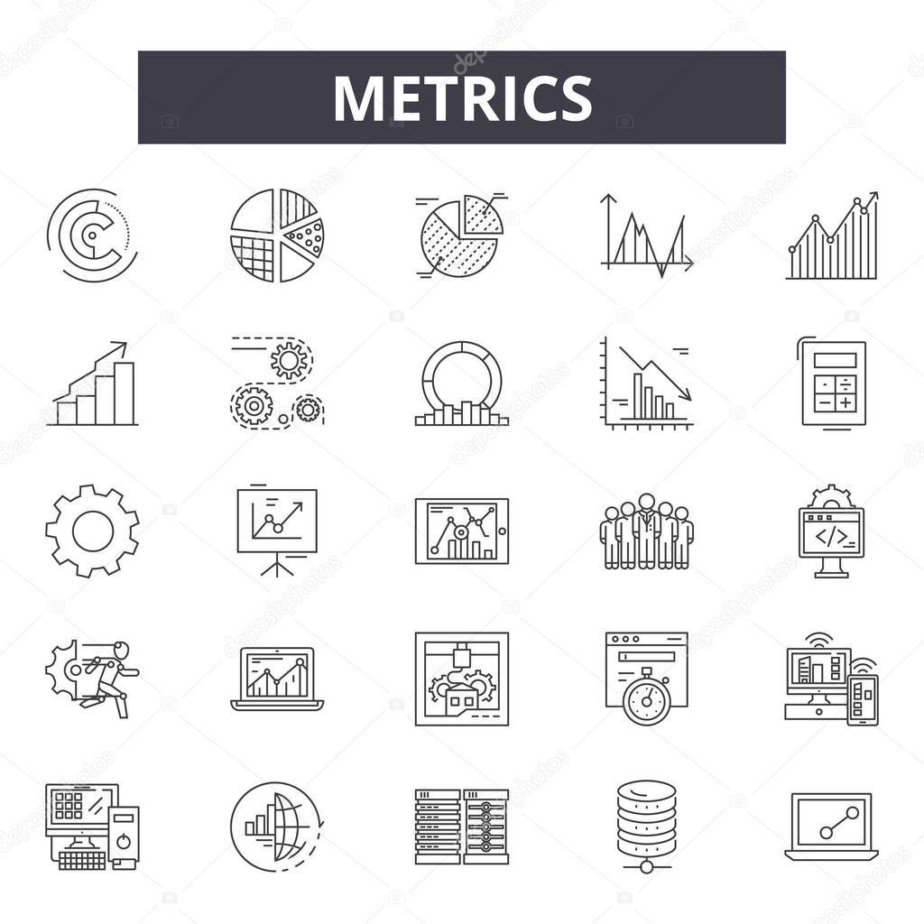 Metrics line icons, signs set, vector. Metrics outline concept illustration: web,graph,business,chart,metrics,concept,metric