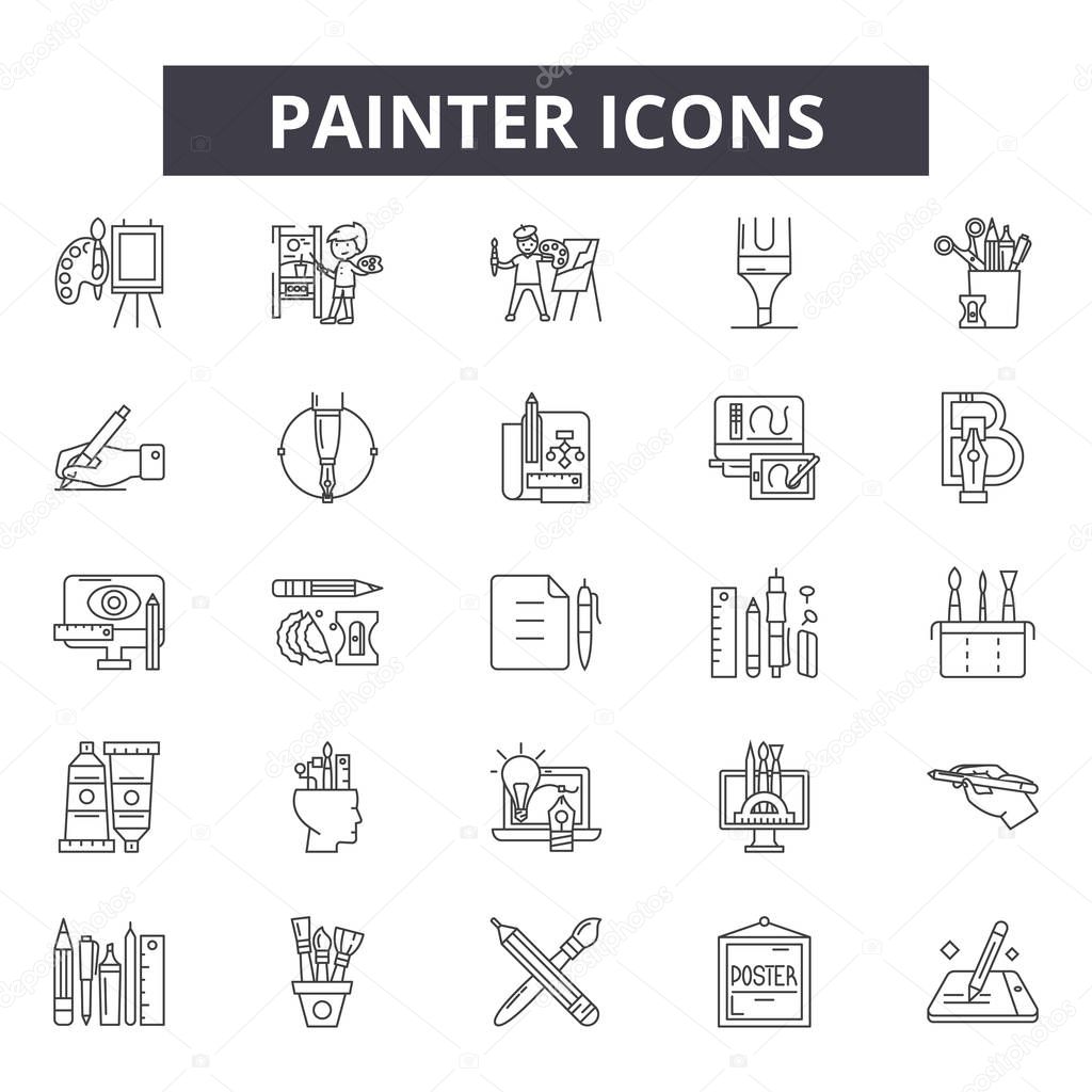 Painter line icons, signs set, vector. Painter outline concept, illustration: painter,brush,paint,color,paintbrush