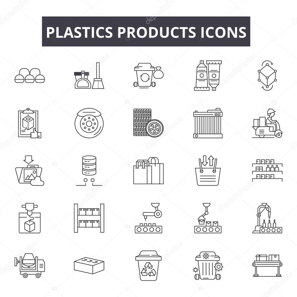 Plastics products line icons, signs set, vector. Plastics products outline concept, illustration: plastic,bottle,product,container,package,spray,design