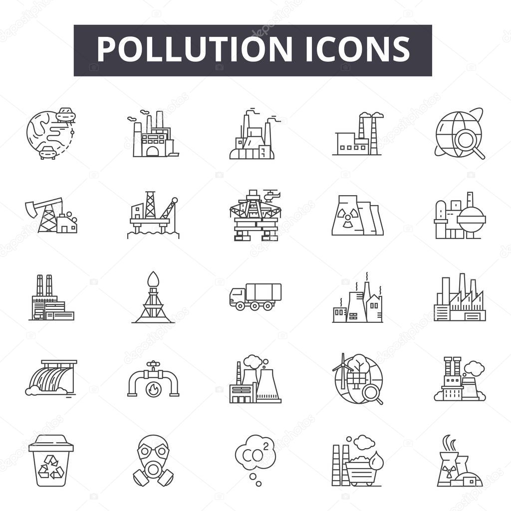 Pollution line icons, signs set, vector. Pollution outline concept, illustration: pollution,factory,environment,smoke,ecology,earth,plant,cloud
