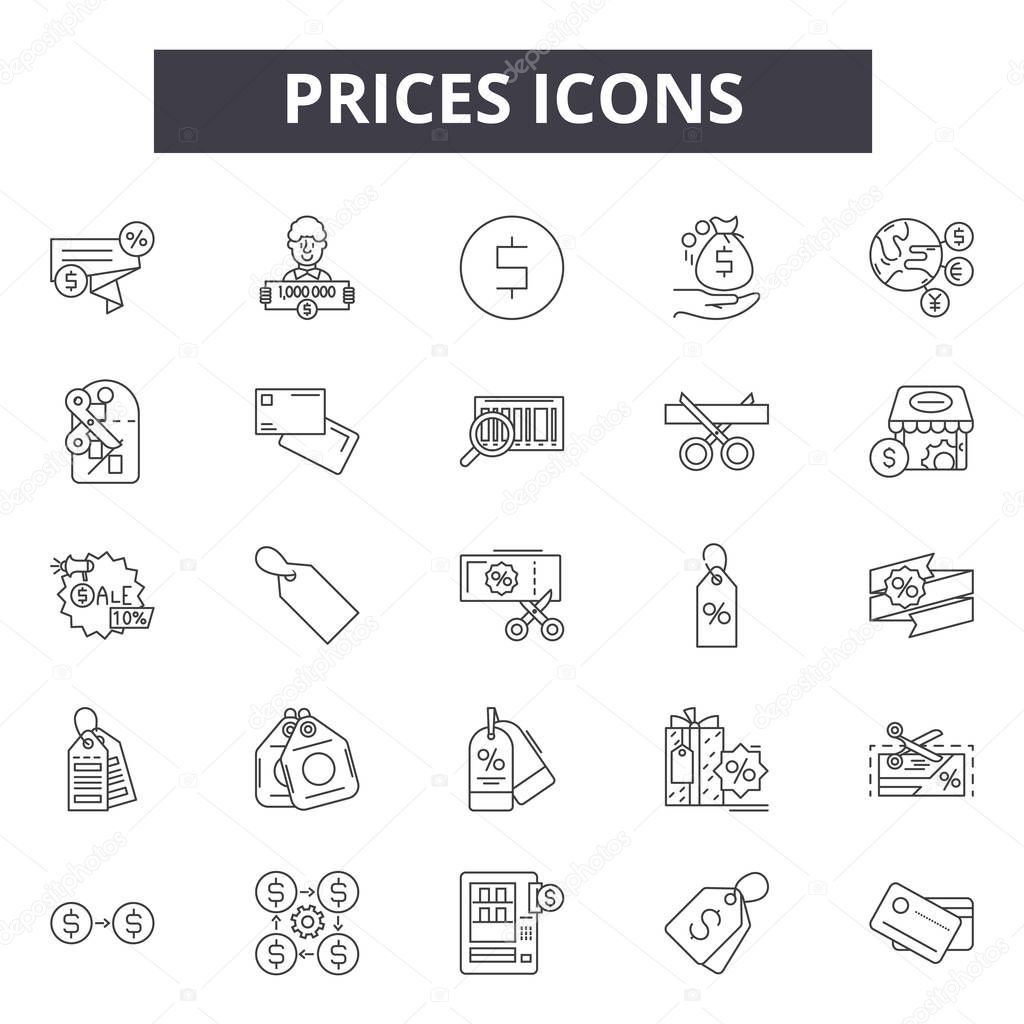 Prieces line icons, signs set, vector. Prieces outline concept, illustration: price,business,label,money,flat