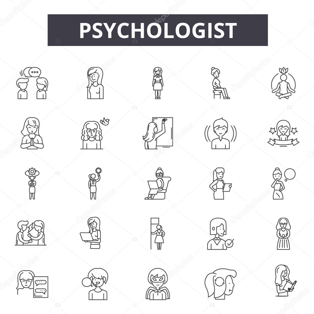 Psychologist line icons, signs set, vector. Psychologist outline concept, illustration: psychologist,psychology,psychotherapy,therapy,brain,problem,psychiatrist,health