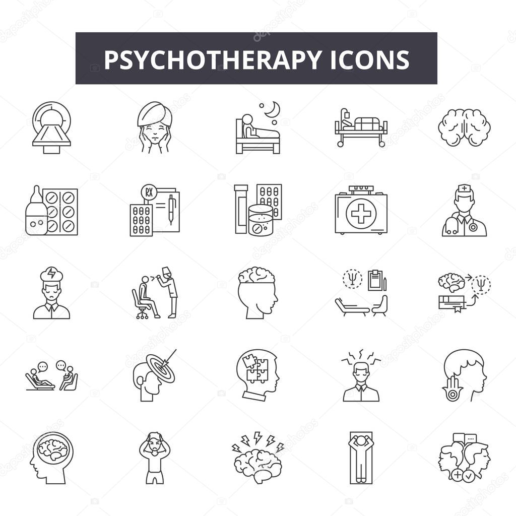 Psychotherapy line icons, signs set, vector. Psychotherapy outline concept illustration: psychotherapy,psychology,health,brain,therapy,psychologist,concept