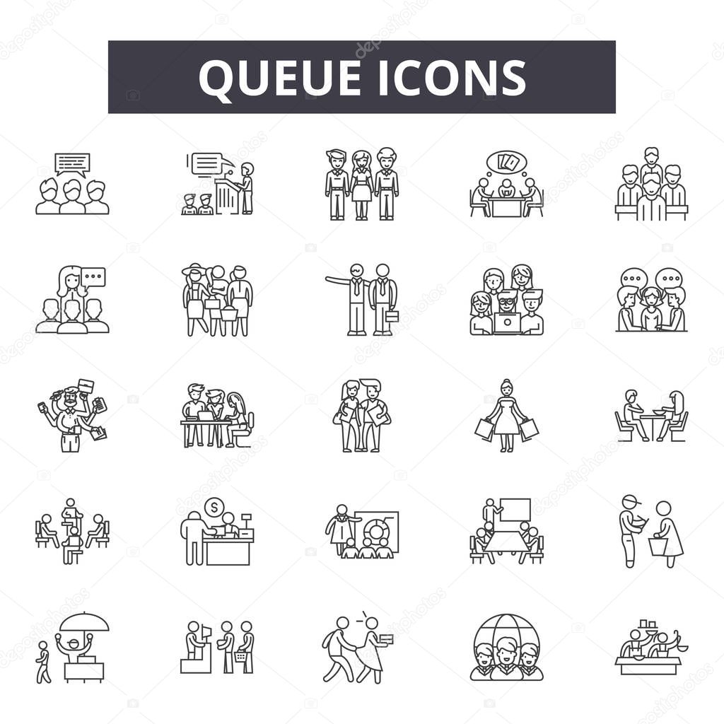 Queue line icons, signs set, vector. Queue outline concept, illustration: queue,flat,crowd,group,waiting