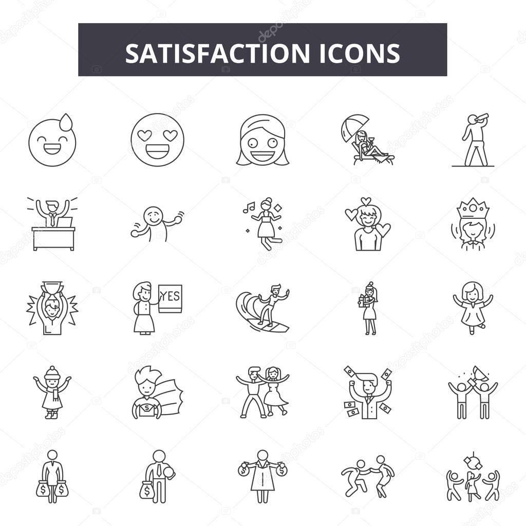 Satisfaction line icons, signs set, vector. Satisfaction outline concept, illustration: satisfaction,feedback,review,customer,like,rating,positive,service