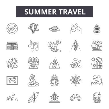 Yaz seyahat hattı simgeleri, işaretler seti, vektör. Yaz seyahat anahat kavramı, illüstrasyon: seyahat, turizm, yaz, tatil, tatil