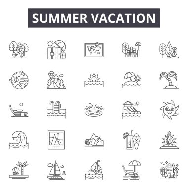Yaz tatili çizgi simgeleri, işaretler seti, vektör. Yaz tatili anahat kavramı, illüstrasyon: yaz, tatil, seyahat, plaj, kamera, güneş, tatil