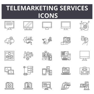 Telemarketing servis satırı simgeleri, işaretler seti, vektör. Telemarketing servis anahat kavramı, illüstrasyon: destek, müşteri, çağrı, iletişim, servis, operatör, merkez, telemarketing, kulaklık