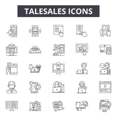 Telesales satır simgeleri, işaretler seti, vektör. Telesales anahat kavramı, illüstrasyon: telesales, telefon, iş, satış, destek, hizmet, iletişim, pazarlama