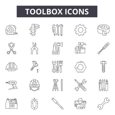 Araç kutusu çizgi simgeleri, işaretler seti, vektör. Toolbox anahat konsepti, illüstrasyon: alet çantası, alet, ekipman, servis, inşaat