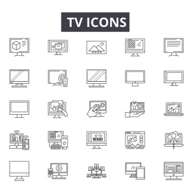 Tv hattı simgeleri, işaretler seti, vektör. Tv anahat kavramı, illüstrasyon: tv, televizyon, ekran, teknoloji, medya, video