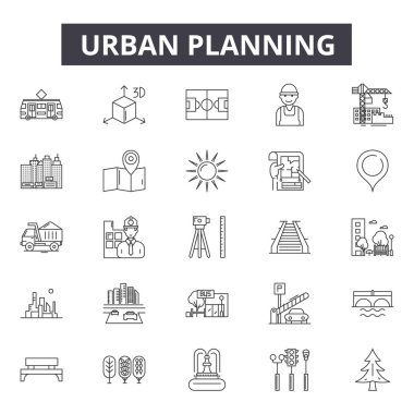 Kentsel planlama hattı simgeleri, işaretler seti, vektör. Kentsel planlama anahat kavramı, illüstrasyon: plan, kentsel, dearchitecture, şehir, inşaat, bina